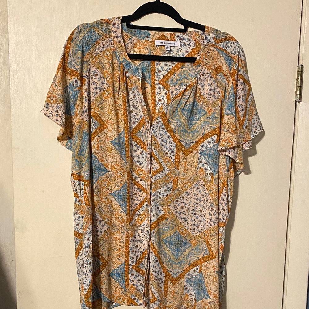 Rose & Olive Geometric Blouse - Gold, Blue, White